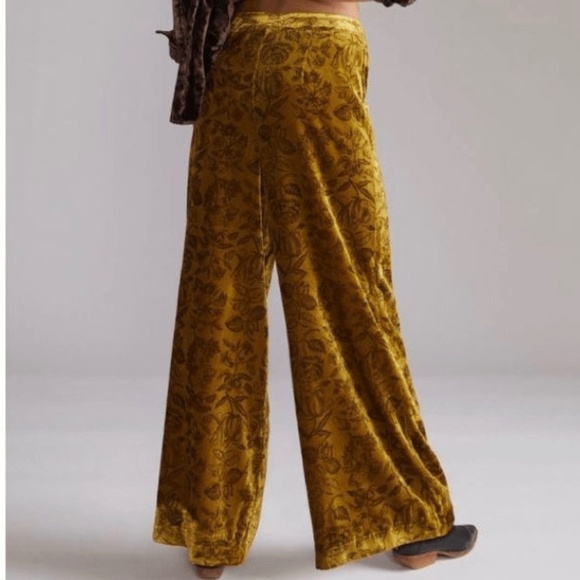 Anthropologie Gold Velvet Wide-Leg Floral Pants - Picture 1 of 10